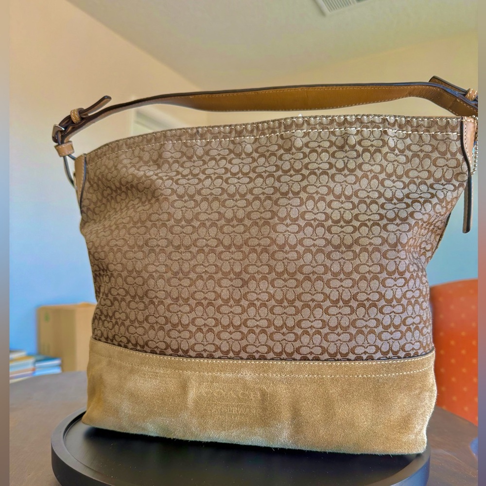 COACH F11666 SIGNATURE JACQUARD LEATHER CANVAS BUCKET HOBO SHOULDER BAG